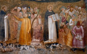 Den militanta kyrkans triumf: Thomas Aquinas före kättarna och nedre högra, Fra Dolcino slet den officiella läran om kyrkan. Spagniardernas kapell (Detalj av fresken, 1365)