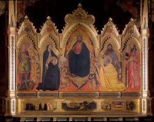 Maesta representerar Jesus på tronen med den helige Mikael, Maria och den helige Thomas av Aquino, den helige Johannes Döparen, den helige Petrus, den helige Laurentius och den helige Paulus - olja på panel