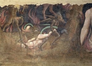Dödens triumf, detalj av en djävul som bär bort en syndare in i helvetet, fresk från 1348