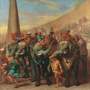 Elephants dans un cirque - Elephants in a circus, av Andrea di Leone (1596-1675). Olja på duk, ca 1637-1640. Mått: 229x231 cm. Museo del Prado, Madrid