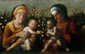 Den hellige familie med de hellige Elisabeth, John og Zachary, detaljeret gift av Andrea school of Mantegna