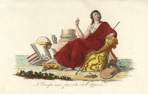 Allegorisk figur av Europa sittande på en tron i en lila dräkt med böcker, klot, palett, spira, lyra och uggla av Andrea the Elder (after) Appiani