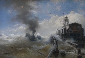 En bogserbåt som lämnar hamnen i Oostende vid högvatten av Andreas Achenbach