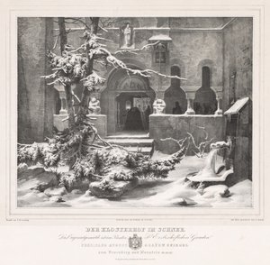 Kyrkogård med snö, ca. 1835. av Andreas Borum