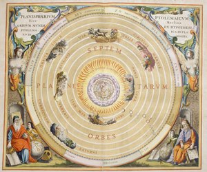 Harmonia Macrocosmica, Ptolemaisk teori om planetrörelser, gravyr, av Andreas Cellarius (1596-1665)
