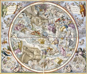Karta över de kristna konstellationerna som avbildats av Julius Schiller, från The Celestial Atlas, eller The Harmony of the Universe atlas coelestis seu harmonia macrocosmica pub. av Joannes Janssonius, Amste