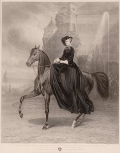 Ryttarporträtt av Elizabeth av Bayern (1837-1898) (kejsarinna av Österrike, allmänt känd som Sissi). Verk av Andreas Johann Fleischmann (1811-1878), gravyr på koppar av Andreas Johann Fleischmann