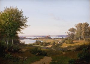Utsikt över kullen vid Skanderborgs slott, Jylland, och minnesmärket över Fredrik VI av Andreas Juuel