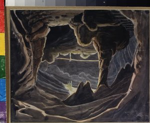 Cave - Förberedande dekor för operan "Rouslan och Lyudmila" av Mikhail Glinka (1804-1857) (Scenografi för operan Ruslan och Lyudmila av M Glinka) Verk av Andreas Leonhard Roller (1805-1891), akvarell och gouache på papper
