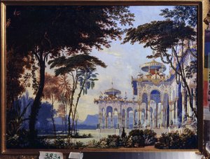 Palace - Förberedande dekor för operan "Rouslan och Lyudmila" av Mikhail Glinka (1804-1857) - Scenografi för operan Ruslan och Lyudmila av M Glinka - Verk av Andreas Leonhard Roller (1805-1891), akvarell och gouache på papper