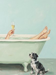 Hund med champagne vid badtiden