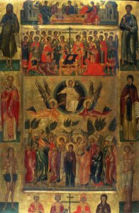 Kristi himmelsfärd med Hetoimasia - Ikon av Andreas Ritzos (1421-1492), tempera på trä (71x47,5 cm)