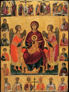 Jungfrun och barnet på tronen (med två änglar är scenen inramad av evangelisterna och helgonens gestalter, övervunnen av scenerna från passionen och nedanför, kyrkans patriarker) (Jungfrun och barnet på tronen) - Ikon av Andreas