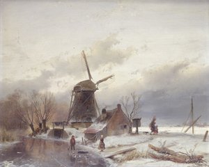 Ett fruset flodlandskap med en väderkvarn (olja på väderkvarn) av Andreas Schelfhout