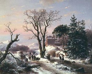 Ett trädbevuxet flodlandskap med bönder på en stig och ett slott bortom av Andreas Schelfhout