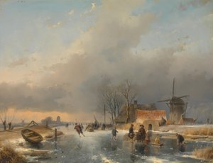 Ett vinterlandskap, till höger en kvarn och bostäder vid en frusen kanal av Andreas Schelfhout