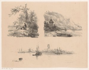 Figurer i en skog, en flod längs en bergig kust och båtar på vattnet av Andreas Schelfhout