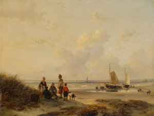 Vilande fiskare på en strand i klart väder av Andreas Schelfhout
