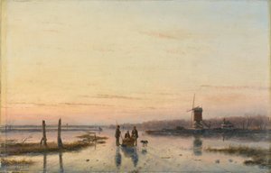 Väderkvarn bredvid en frusen flod av Andreas Schelfhout