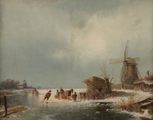 Vinterlandskap med skridskoåkare av Andreas Schelfhout