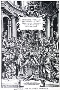 Titelsida till den andra upplagan av De Humani Corporis Fabrica, plansch 3, 1555 av Andreas Vesalius