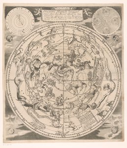 Himmelskarta med de norra konstellationerna Ny himmelsk spegel: där genom himmel, jord och hav omedelbart (...) (titel på objekt) av Andreas van Luchtenburg (possibly)