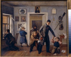 I skolan. En lantskolelärare tar en pojke vid örat i klassrummet där andra pojkar gör roliga miner och grimaserar. Målning av Andrei Andreyevich Popov (1832-1896), olja på duk