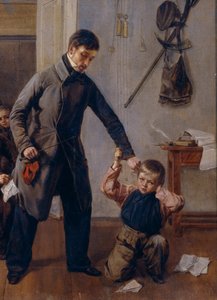 I skolan. En lantskolelärare tar en pojke vid örat i klassrummet där andra pojkar gör roliga miner och grimaserar. Målning av Andrei Andreyevich Popov (1832-1896), detalj, olja på duk