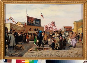 Fairground står på den östra marknaden i Tula (Ryssland). Målning av Andrei Andreyevich Popov (1832-1896), olja på duk