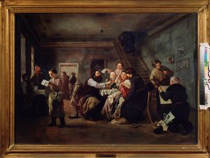 En krog. (Scen runt de dukade borden, folk dricker te, en ung kontorist läser ett tryckt ark, en gammal man visar gravyrer för en amatör, röker pipa). Målning av Andrei Andreyevich Popov (1832-1896), olja på duk