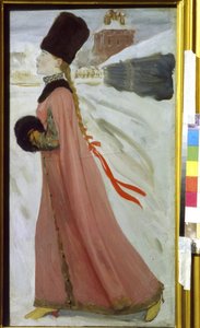 Ung Moskva flicka på 1600-talet (Moskva flicka på 1600-talet). Porträtt av en Boyard (boiard, boiar) aristokrat som går arrogant nerför en snöig gata. Verk av Andrei Petrovich Ryabushkin (Riaboutchkine) (1861-1904), olja på kartong