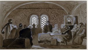Duman vid Boyars tid (boiards, boiars) (The Boyar Duma). Rådgivande rådet för prinsarna av Kievan Rus (Ruthenia) vid tiden för tsar Michael I av Ryssland (1596-1645). Verk av Andrei Petrovich Ryabushkin (Riaboutchkine) (1861-1904), aquare