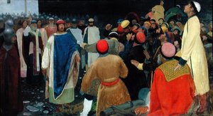Greve Gleb dödar en magus vid den novgorodiska församlingen av Andrei Petrovitch Rjabuschkin