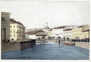 Le pont Bolshoi Koniushennyi i Sankt Petersburg. (Bolshoi Koniushennyi-bron i Sankt Petersburg). Lithographie et aquarelle av Andrei Yefimovich Martynov (1768-1826)