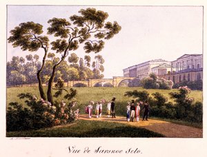 ""Utsikt över Cameron Gallery i parken i Tsarskoye Selo"" av Andrei Yefimovich Martynov (1768-1826), Penna, pensel, akvarell, bläck och vit färg på papper före 1817-Statens Tretyakov Gallery, Moskva av Andrei Yefimovich Martynov