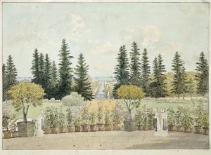 Utsikt från terrassen på Oranienbaum-palatset i Lomonosov, Sankt Petersburgs tätort (Utsikt från terrassen på det stora Oranienbaum-palatset). Verk av Andrei Yefimovich Martynov (1768-1826), akvarell på papper av Andrei Yefimovich Martynov