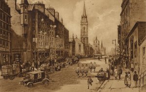 Edinburgh: High Street, med utsikt mot Tron Church och St Giles Cathedral (litho)