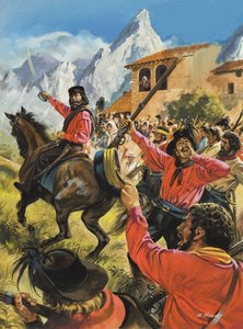 Guiseppe Garibaldi (1807-82) och hans armé i strid med de neopolitanska kungliga trupperna (gouache på papper) av Andrew Howat