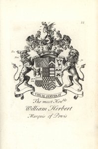 Vapensköld och vapen av den höge ärade William Herbert, 2:a markisen av Powis av Andrew Johnston