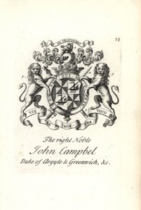 Vapensköld och vapen av den högra adelsmannen John Campbell, 2:a hertigen av Argyll och Greenwich,