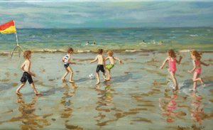 Strandfotboll, Sheringham, 2018 (olja på duk) av Andrew Macara