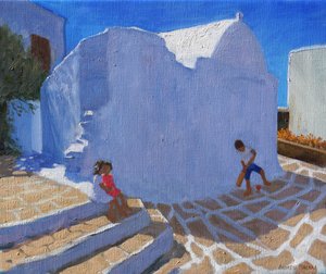 Cricket vid kyrkväggen, Mykonos (olja på duk) av Andrew Macara