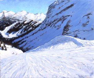 Into the valley, Courchevel, Frankrike, 2019, (olja på duk) av Andrew Macara