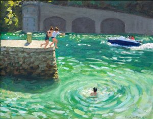 Jumping off the harbour wall, Looe, Cornwall (olja på duk) av Andrew Macara