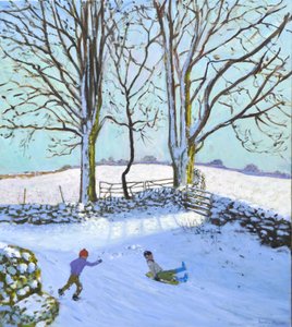 Stora träd och slädar, Derbyshire, 2023 (olja på duk) av Andrew Macara