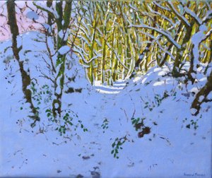 Vägen genom skogen på vintern, Derbyshire, (olja på duk) av Andrew Macara