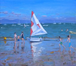 Röd och vit segelbåt ,Abersoch (olja på duk) av Andrew Macara