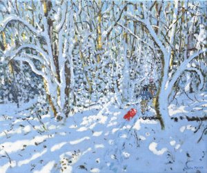 Röd släde, Allestree Park, Derby, 2022 (olja på duk) av Andrew Macara