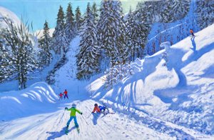 Skidåkning nedför pisten, Tignes, Frankrike, 2022 (olja på duk) av Andrew Macara