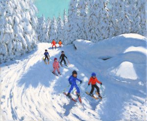 Åka skidor längs leden ,Courchevel ,2018,(olja på duk) av Andrew Macara